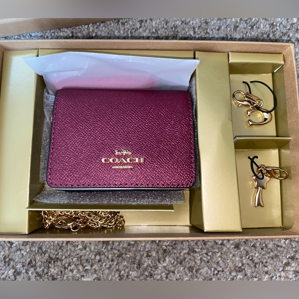 Coach Black Cherry wallet with gold chain - never been used still in box